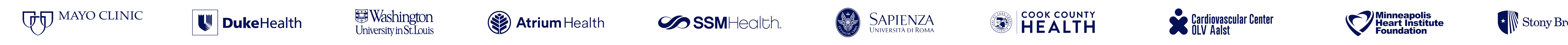 Logos of medical institutions using PMcardio including Mayo Clinic, Duke Health and Cook County Health