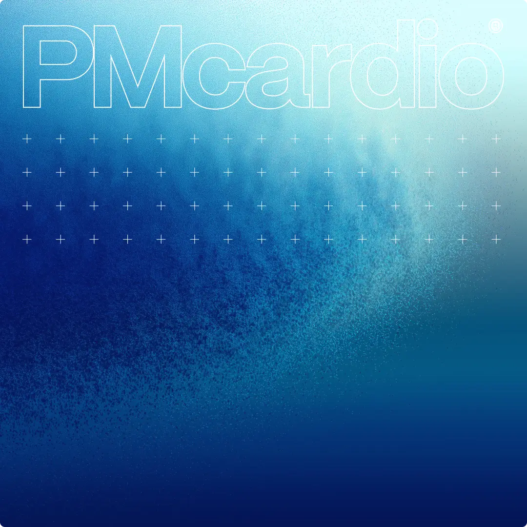 PMcardio wordmark outline on a textured blue media kit background