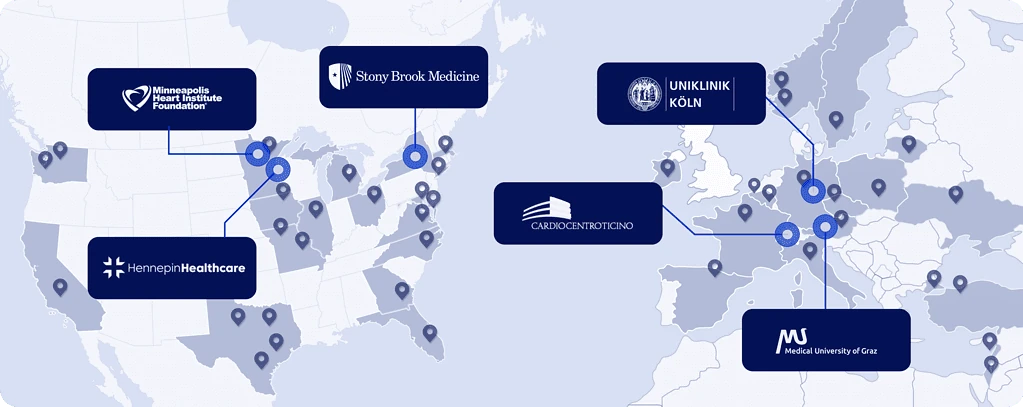Map of PMcardio clinical validation sites across the US and Europe including Stony Brook and Uniklinik Koln