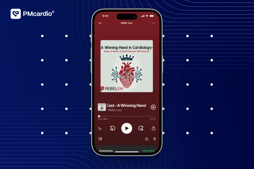 Smartphone playing REBEL EM podcast on the Queen of Hearts AI model for OMI detection with PMcardio branding