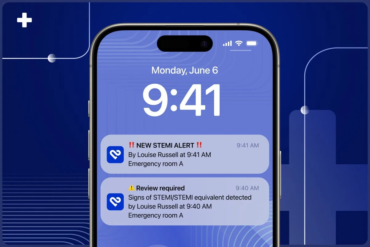 Phone lock screen showing PMcardio STEMI alert and review-required notifications for the STEMI team