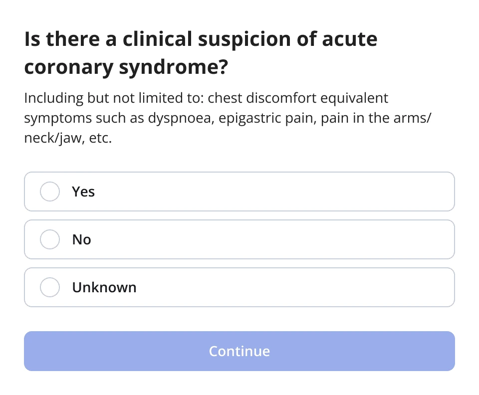 PMcardio ACS pathway prompt asking whether there is clinical suspicion of acute coronary syndrome