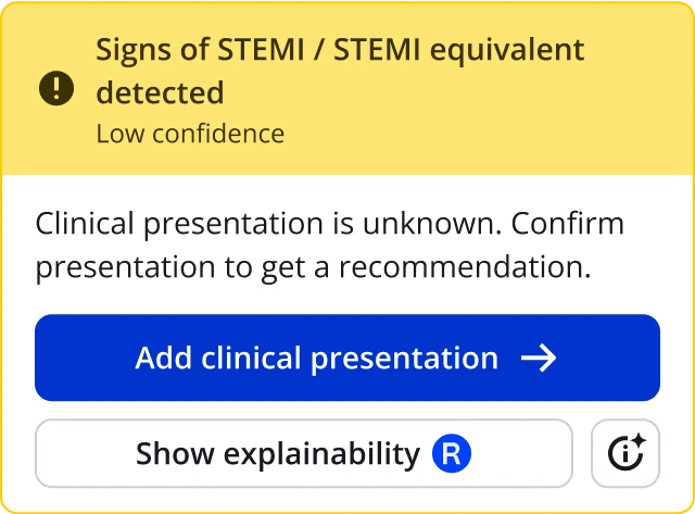 PMcardio result card showing low-confidence STEMI equivalent prompting clinician to add clinical presentation