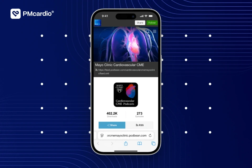 Smartphone showing Mayo Clinic Cardiovascular CME Podcast page on OMI detection with PMcardio logo