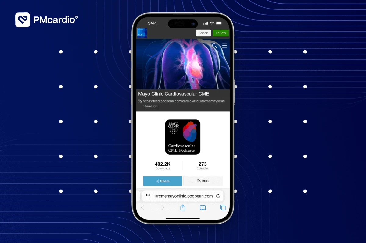 Smartphone showing Mayo Clinic Cardiovascular CME Podcast page on OMI detection with PMcardio logo