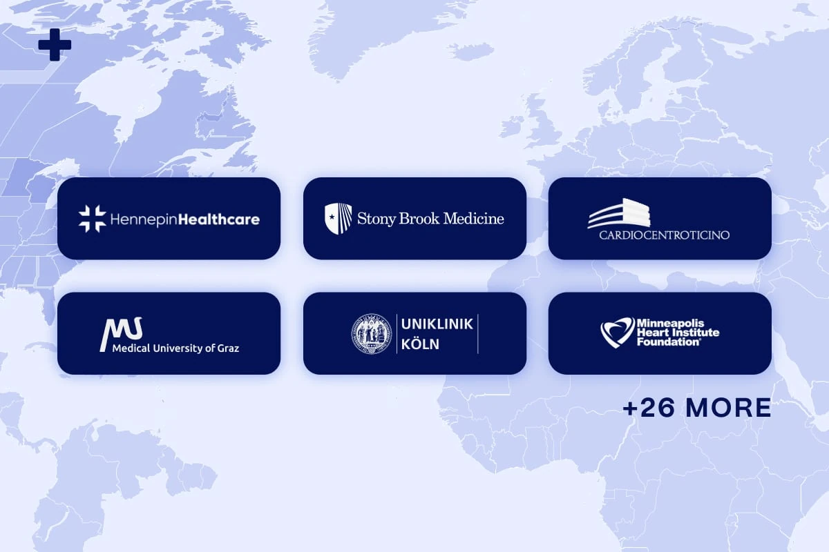 World map with logos of OMI AI ECG clinical validation partners including Hennepin Healthcare, Stony Brook and Uniklinik Koln