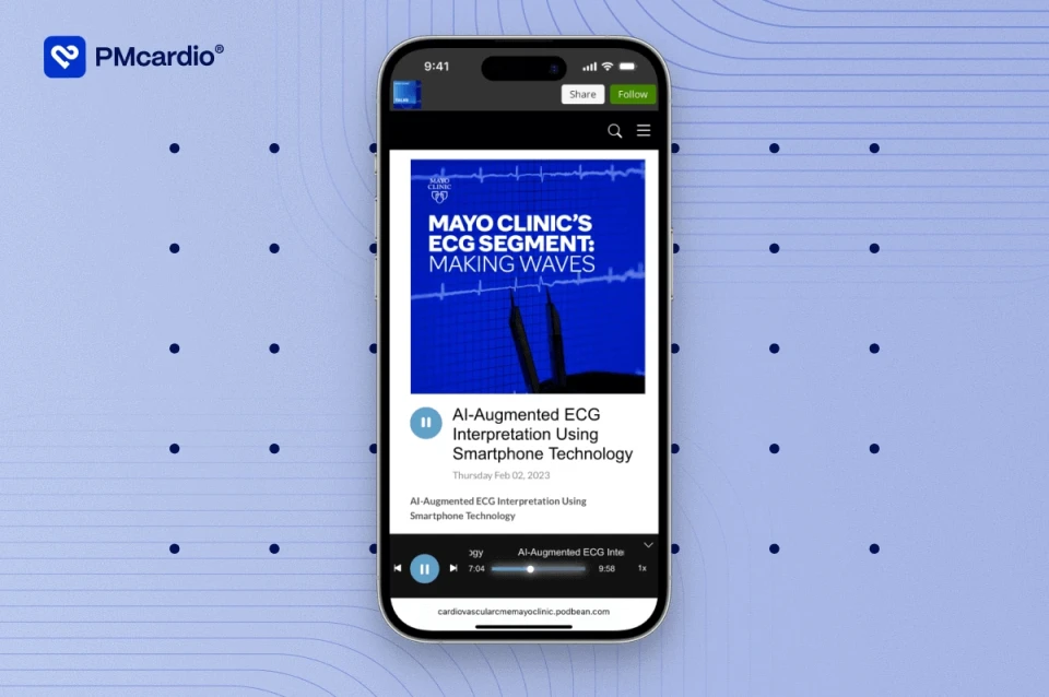 PMcardio and smartphone playing Mayo Clinic CME podcast on AI-augmented ECG interpretation