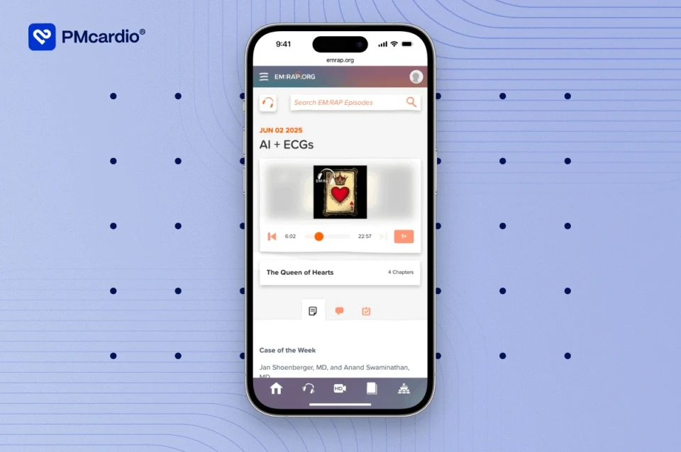 Smartphone playing the EM:RAP AI plus ECGs podcast episode on Queen of Hearts, with PMcardio logo