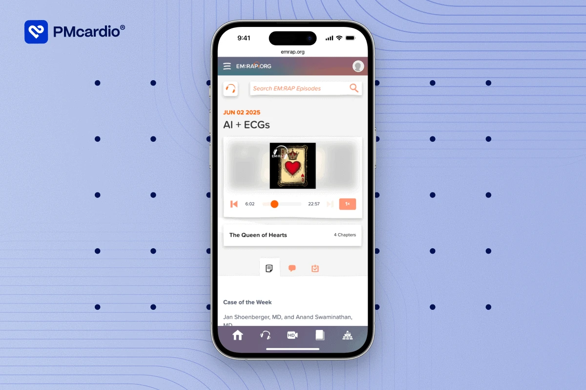 Smartphone playing the EM:RAP AI plus ECGs podcast episode on Queen of Hearts, with PMcardio logo