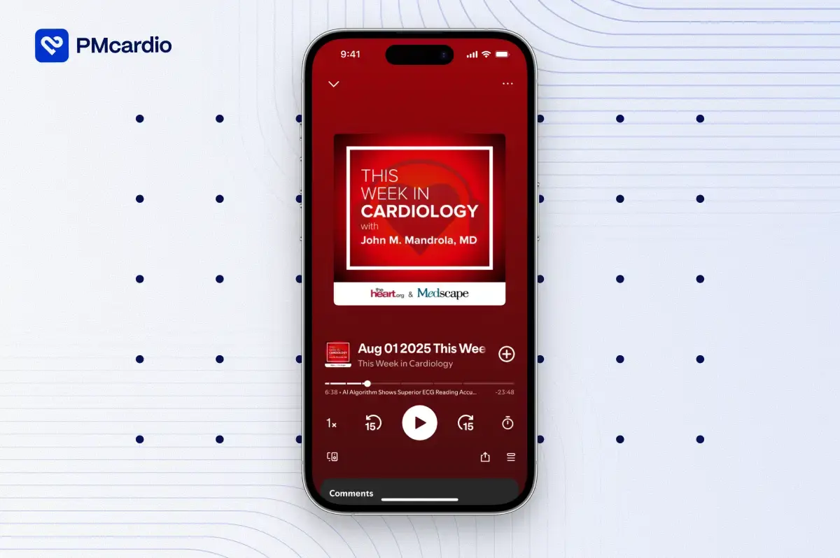 This Week in Cardiology podcast with Dr John Mandrola on a smartphone player, PMcardio branded