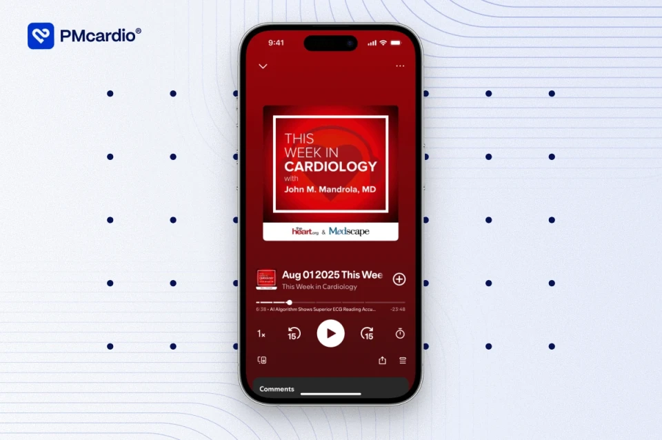 This Week in Cardiology podcast with Dr John Mandrola on a smartphone player, PMcardio branded