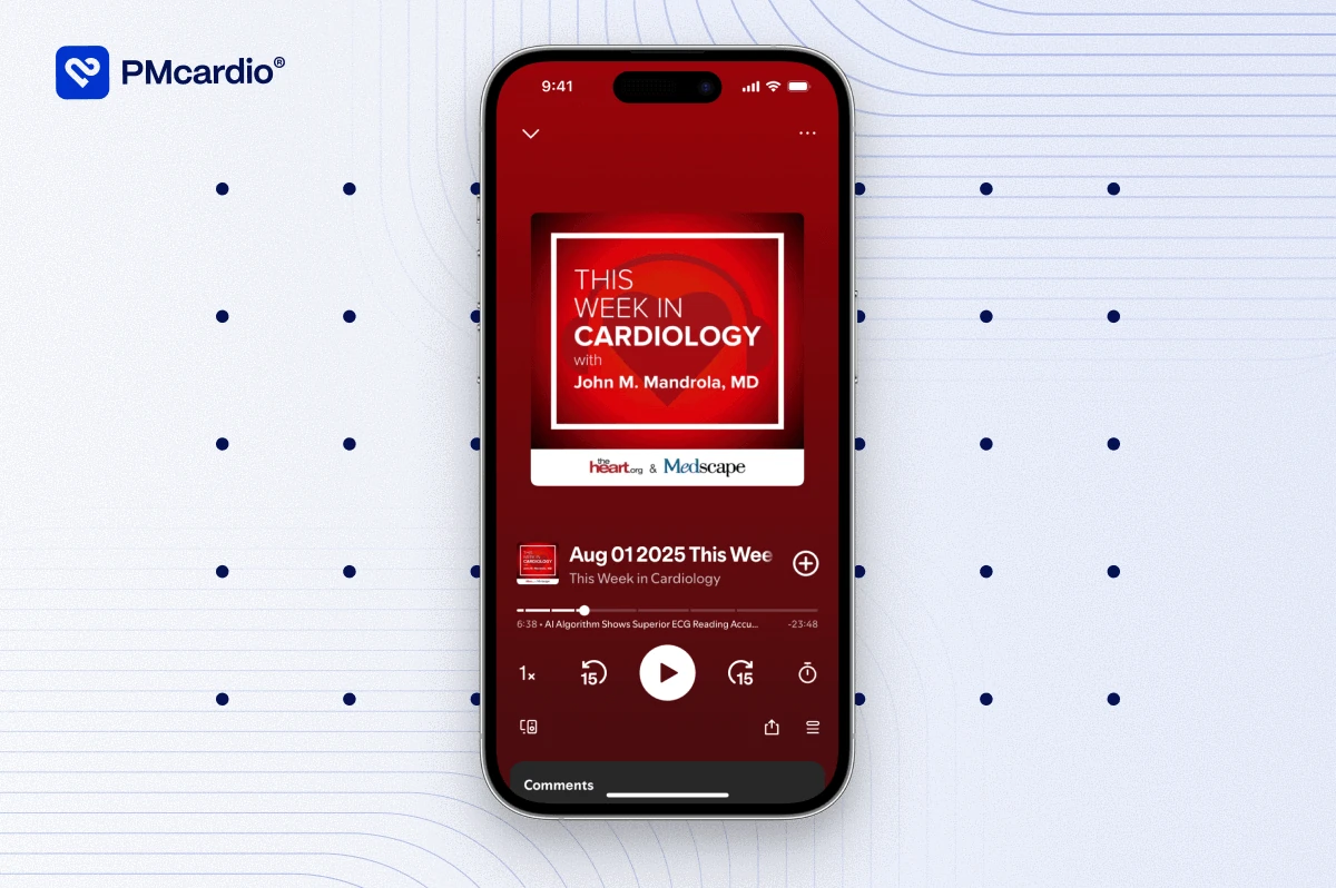 This Week in Cardiology podcast with Dr John Mandrola on a smartphone player, PMcardio branded