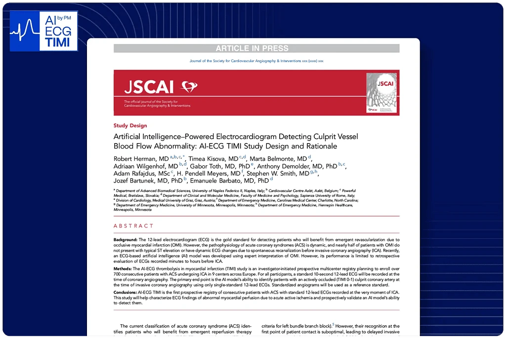 JSCAI journal article on AI-ECG TIMI Study design detecting culprit vessel blood flow abnormality