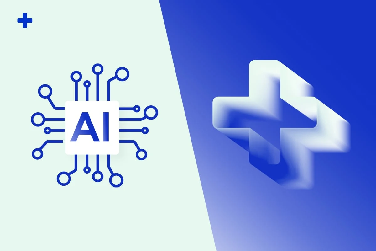 Circuit-board AI chip icon beside a stylized medical cross representing artificial intelligence in healthcare