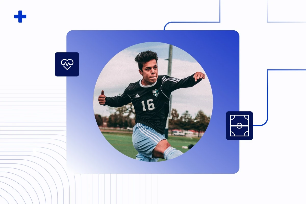 Young soccer player in a number 16 jersey kicking a ball on a field