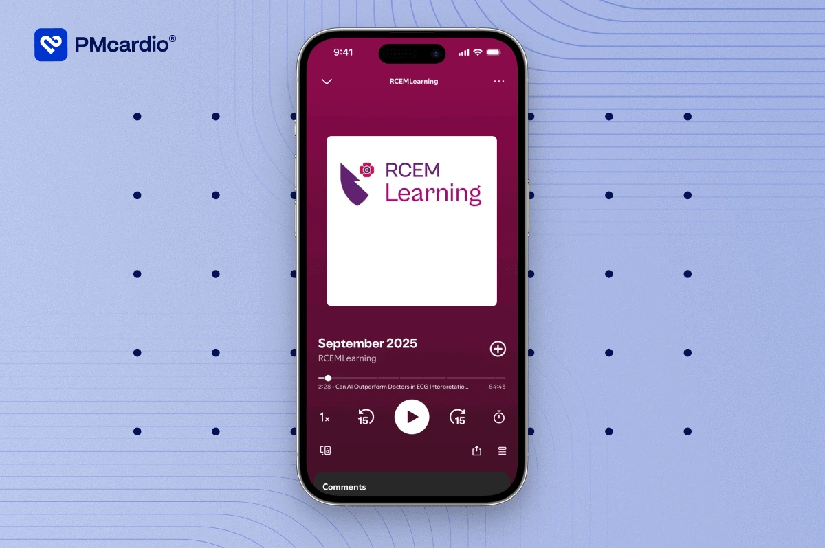 RCEM Learning September 2025 podcast episode on ECG interpretation playing on a smartphone with PMcardio branding