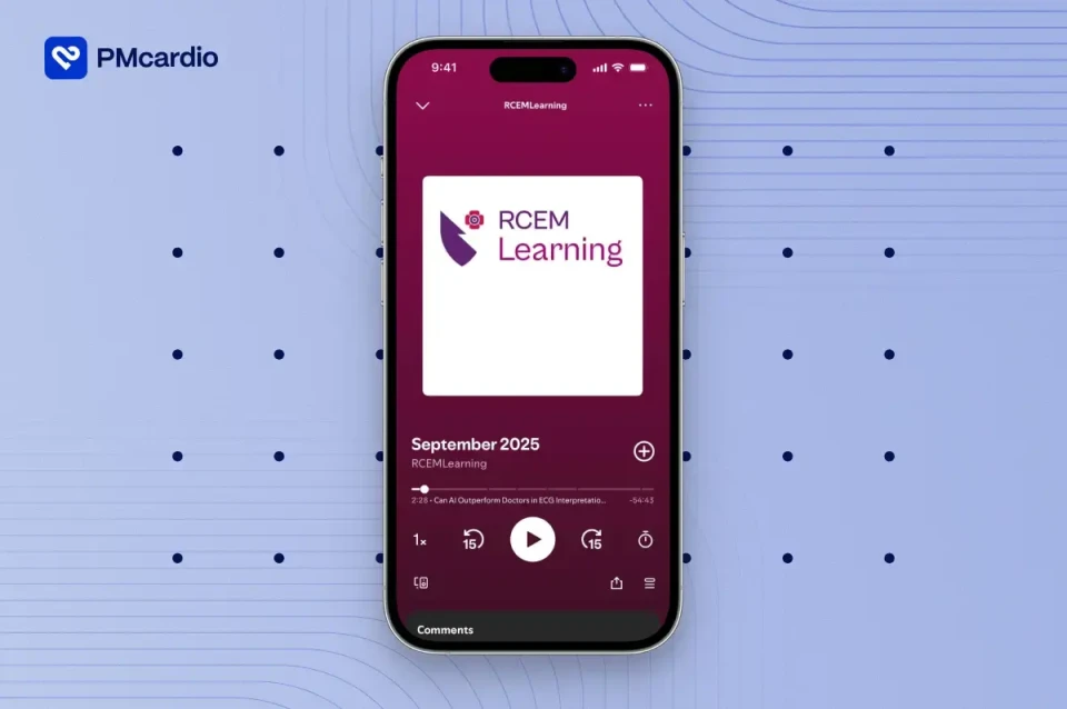 RCEM Learning September 2025 podcast episode on ECG interpretation playing on a smartphone with PMcardio branding