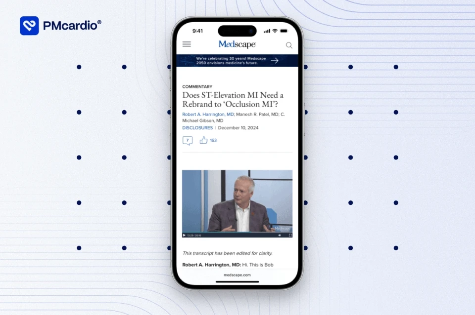 Smartphone showing Medscape Bob Harrington Show episode on STEMI versus Occlusion MI, with PMcardio logo