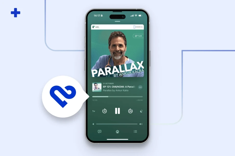 Smartphone playing Parallax podcast EP 121 on OMI NOMI with Dr Stephen Smith, beside the PMcardio logo