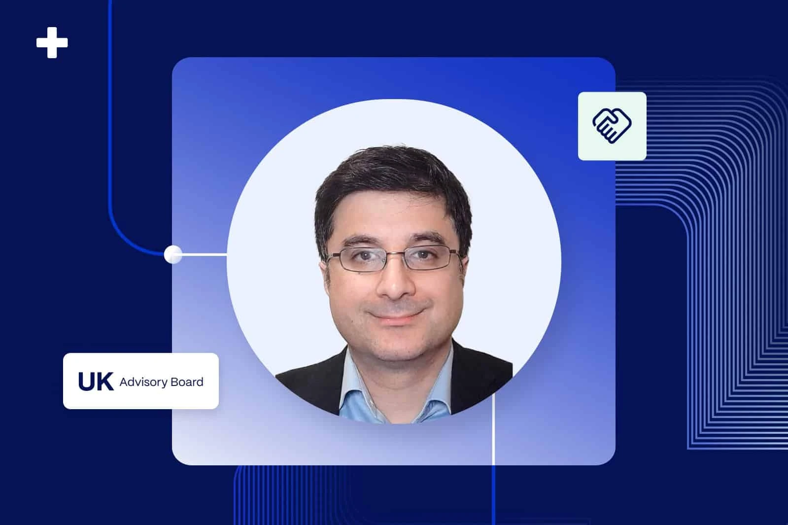 Dr. Yassir Javaid, cardiologist joining the PMcardio UK Advisory Board, portrait with UK Advisory Board badge