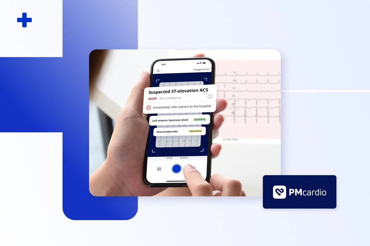 Hand holding smartphone running PMcardio app showing Suspected ST-elevation ACS result with PMcardio logo