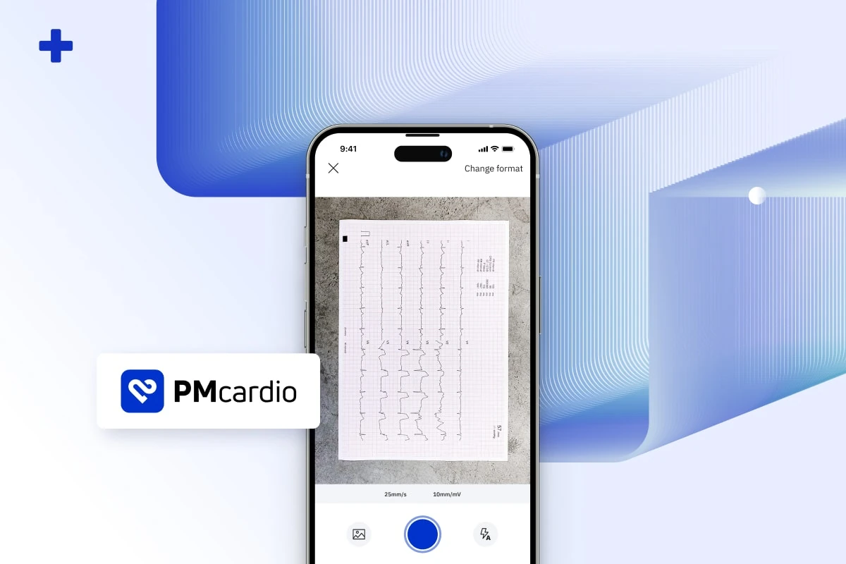 Smartphone running PMcardio scanning a paper ECG with the Change format button and PMcardio logo