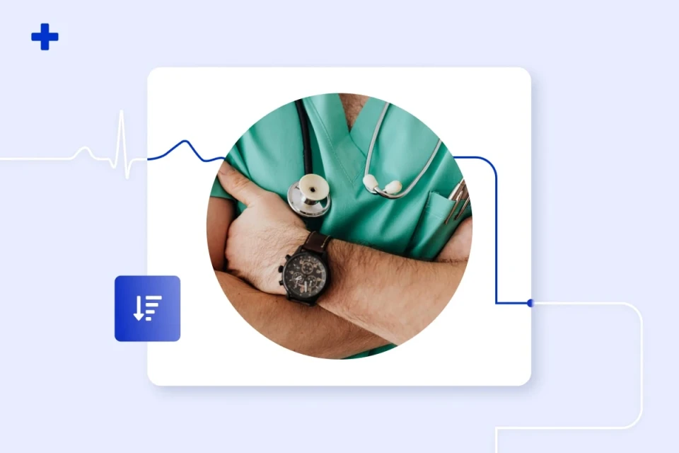 GP in green scrubs with stethoscope and arms crossed beside an ECG line, illustrating AI easing the NHS backlog