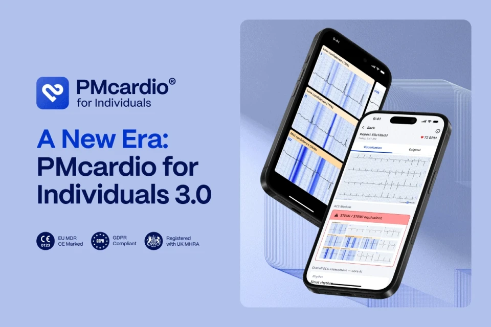 PMcardio for Individuals 3.0 hero with app screens showing ECG heatmaps and STEMI detection plus CE Marked and UK MHRA badges