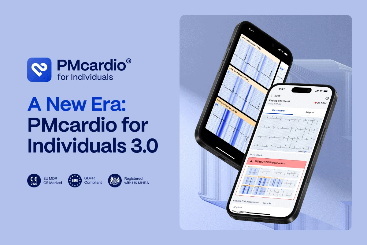 PMcardio for Individuals 3.0 hero with app screens showing ECG heatmaps and STEMI detection plus CE Marked and UK MHRA badges