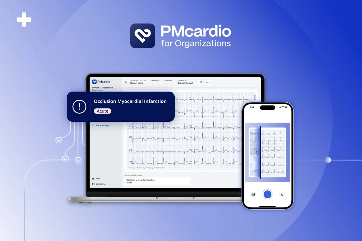 PMcardio for Organizations on laptop and phone flagging an acute Occlusion Myocardial Infarction on a 12-lead ECG