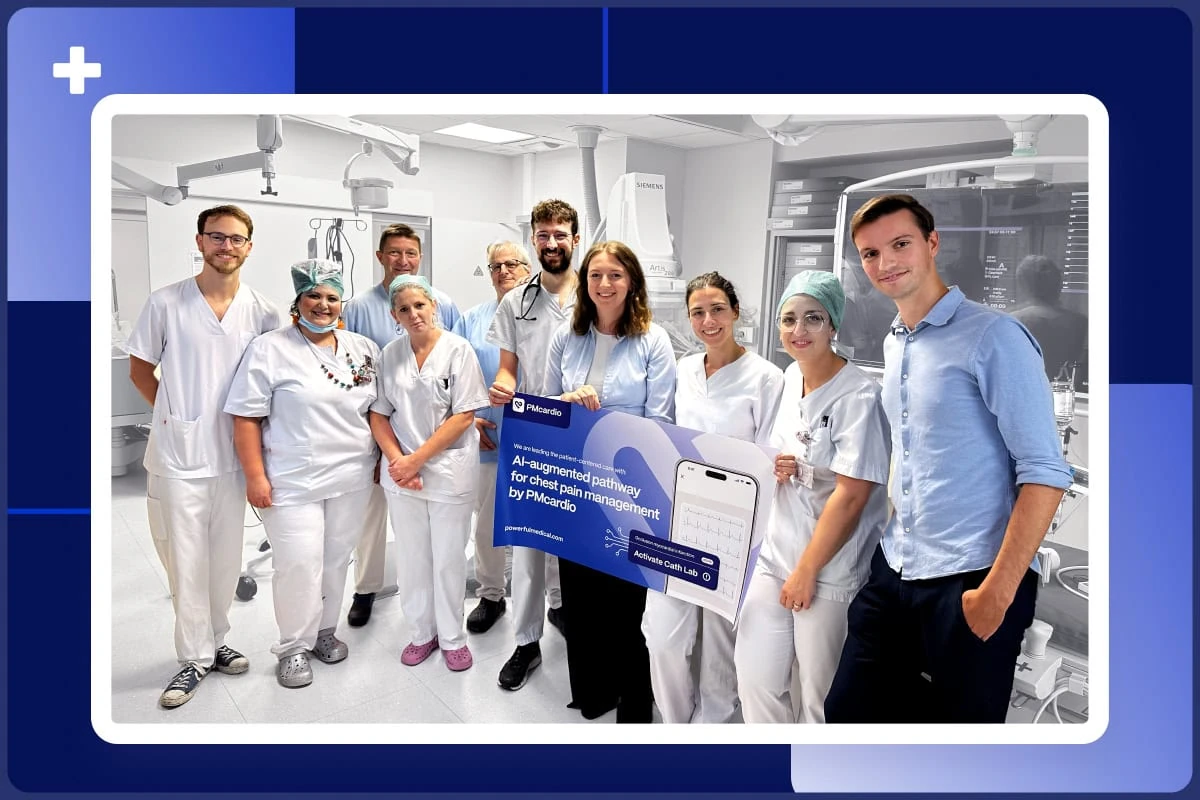 Jolimont HELORA cardiology staff celebrating PMcardio launch with an AI chest pain pathway banner