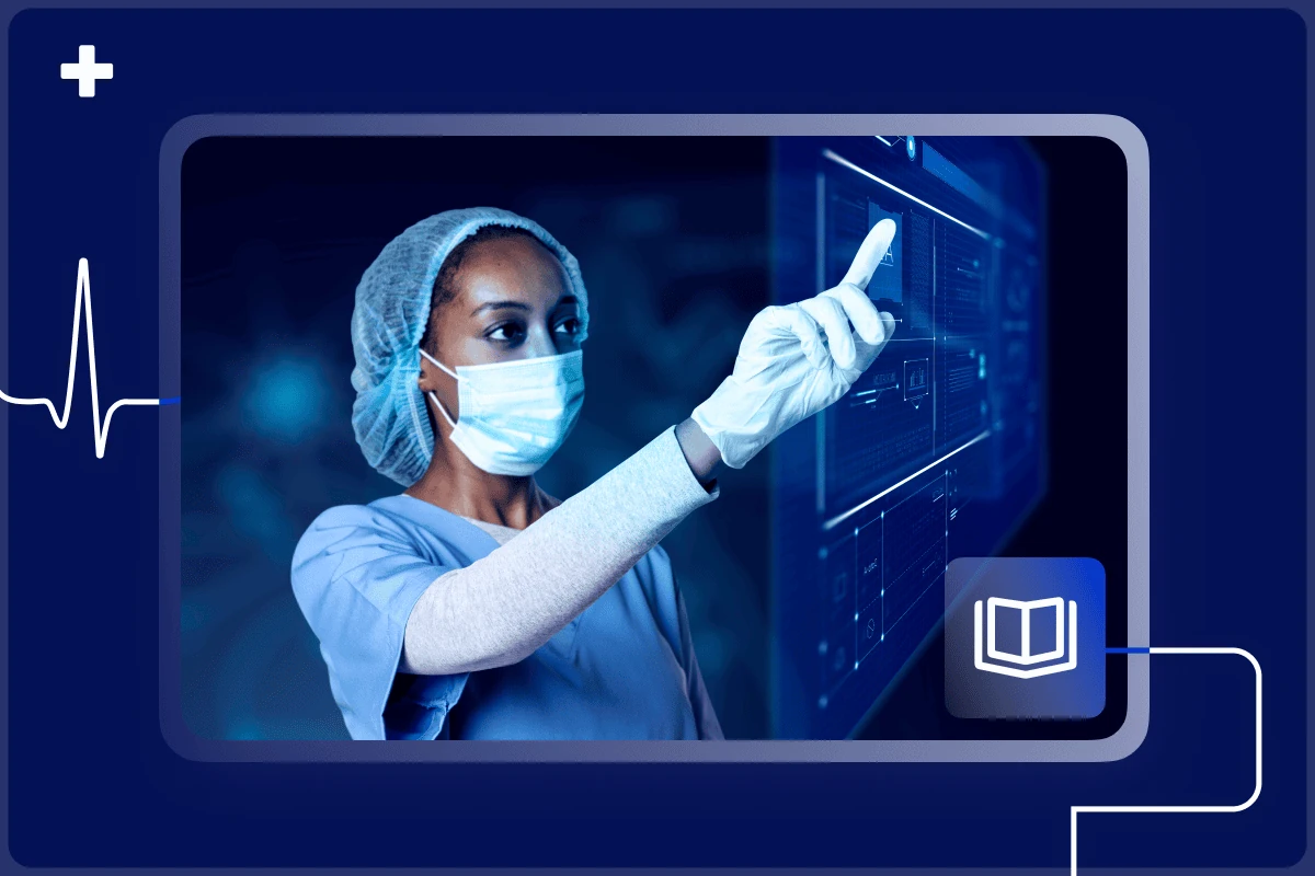 Masked clinician touching a digital medical interface, cover for the PEACE AI post-ROSC OMI validation study
