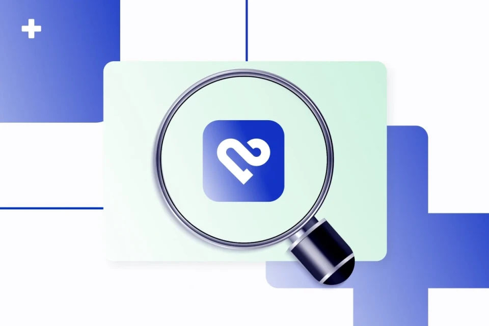 Magnifying glass over the PMcardio app logo representing AI ECG cardiovascular detection
