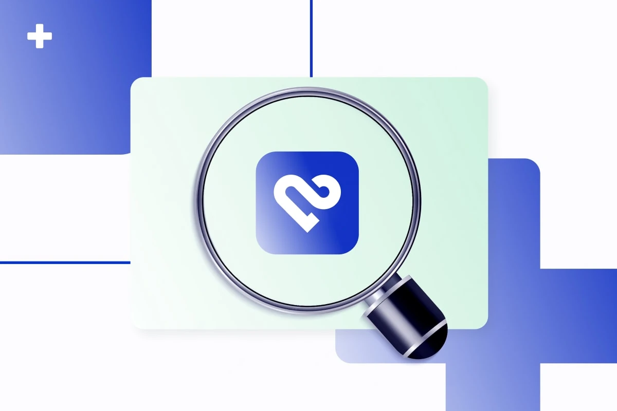 Magnifying glass over the PMcardio app logo representing AI ECG cardiovascular detection