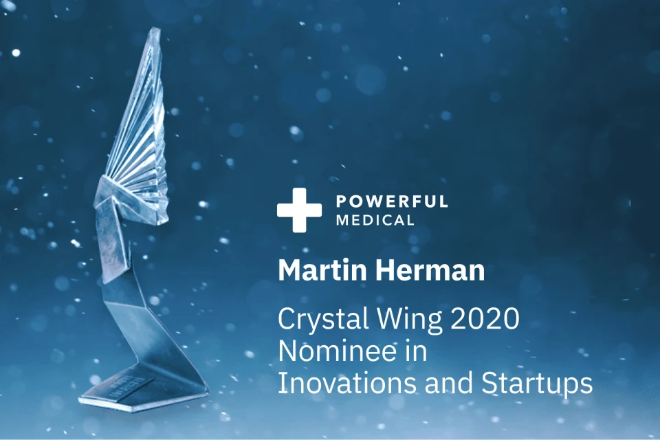 Crystal Wing trophy with Powerful Medical logo announcing Martin Herman as 2020 Innovation and Startup nominee