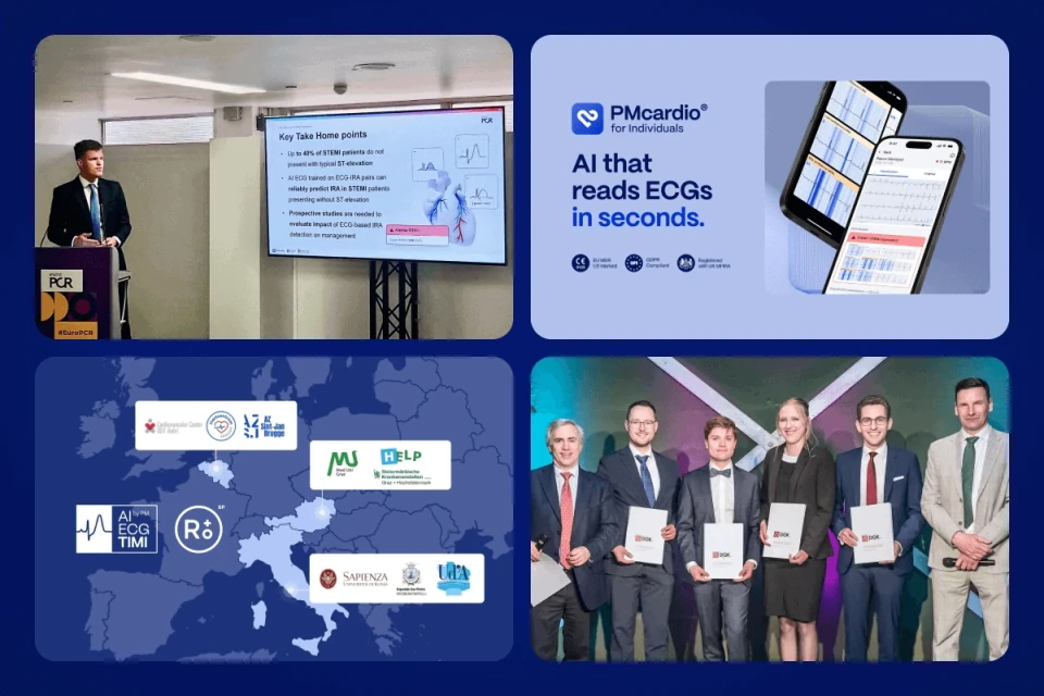May highlights collage of PMcardio EuroPCR talk, ECG app promo, TIMI study map and DGK award ceremony