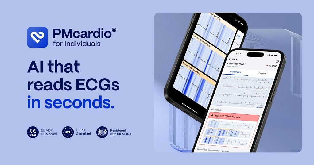 Smartphone showing PMcardio for Individuals app interface with ECG heatmaps and AI insights.