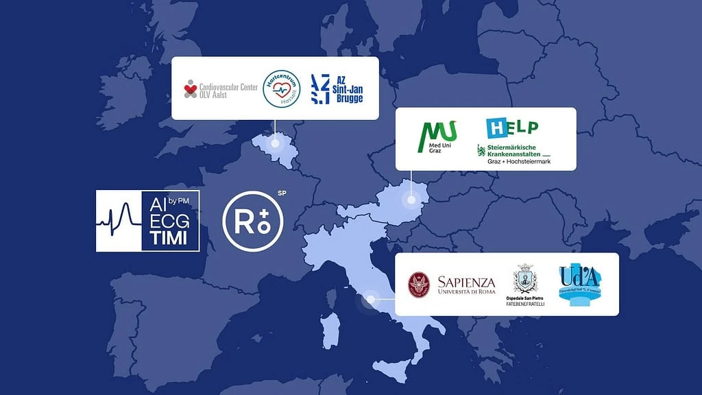 Map of Europe showing collaborating clinical sites for PMcardio’s STEMI AI research and Queen of Hearts™ validation.