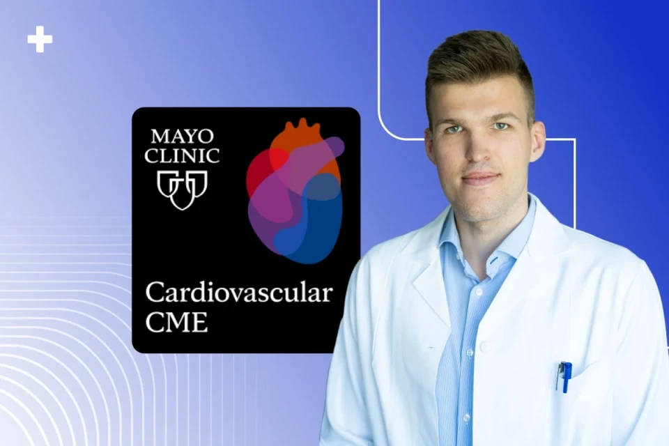 Dr. Robert Herman in a white coat beside the Mayo Clinic Cardiovascular CME podcast artwork