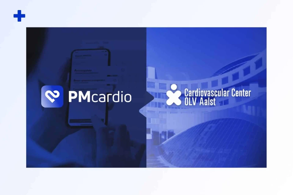 PMcardio and Cardiovascular Center OLV Aalst partnership banner with app and hospital