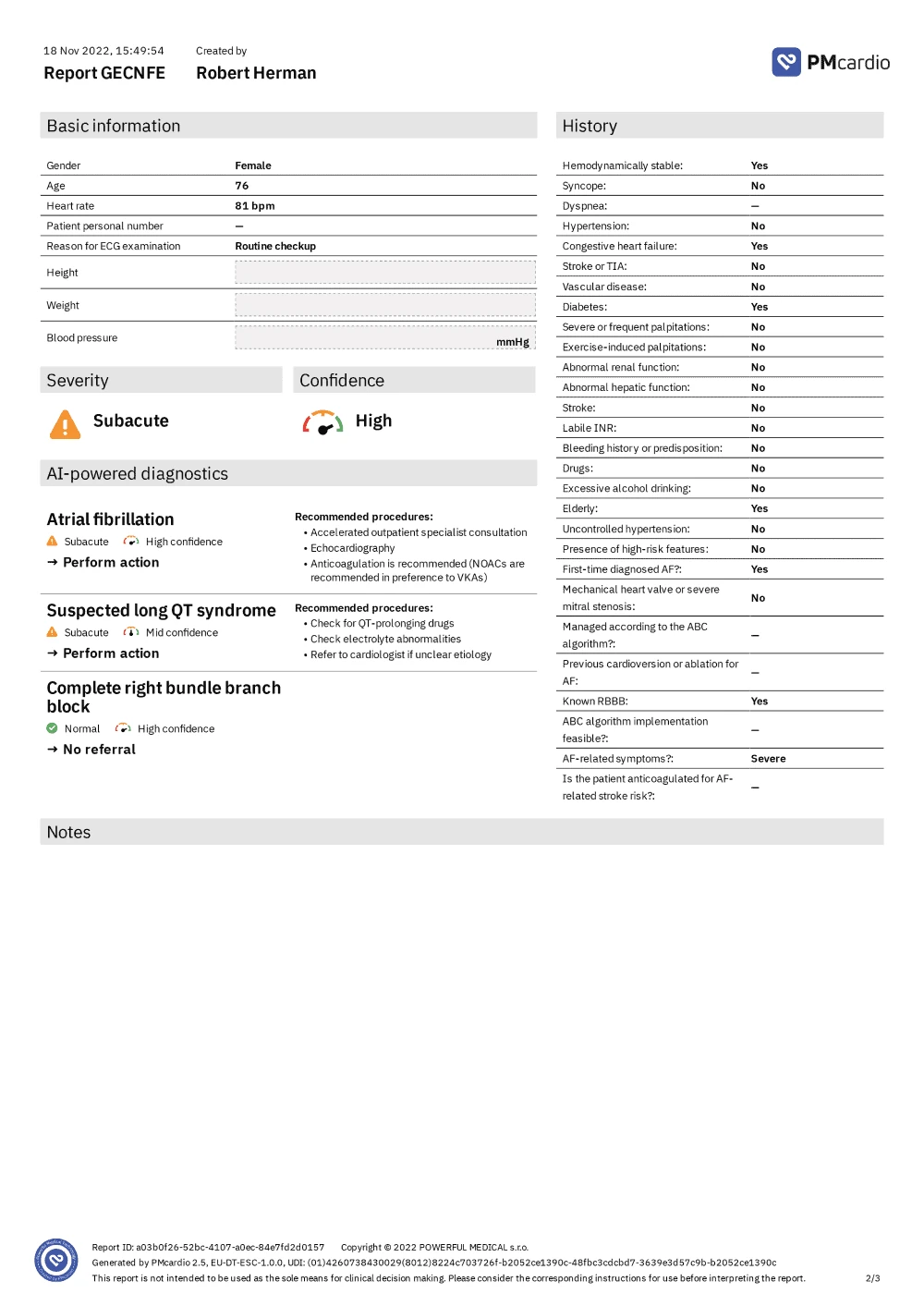 A sample ECG diagnostic report created in PMcardio