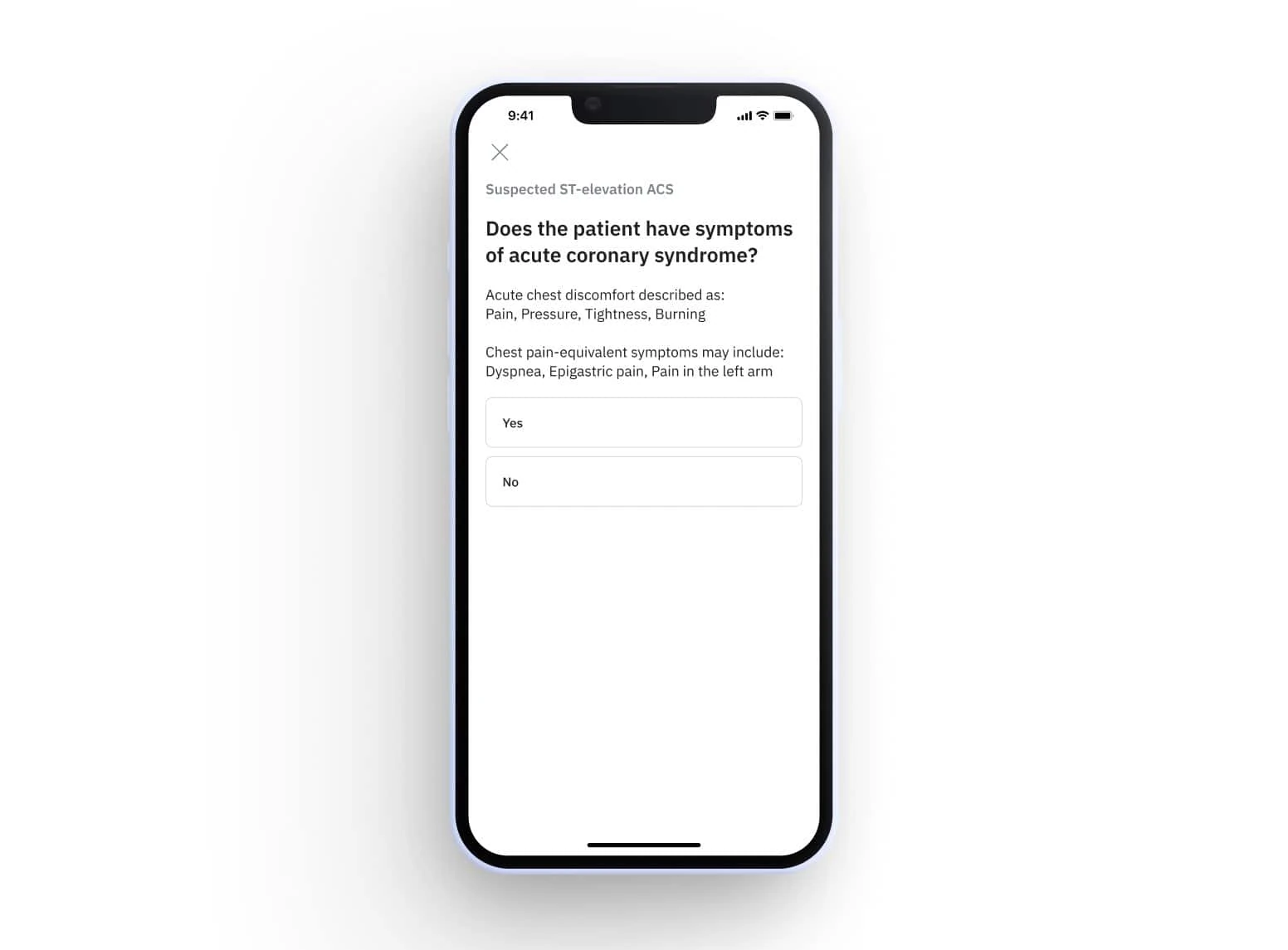 An screenshot of the PMcardio app in a phone mockup with patient history questions being displayed on the screen