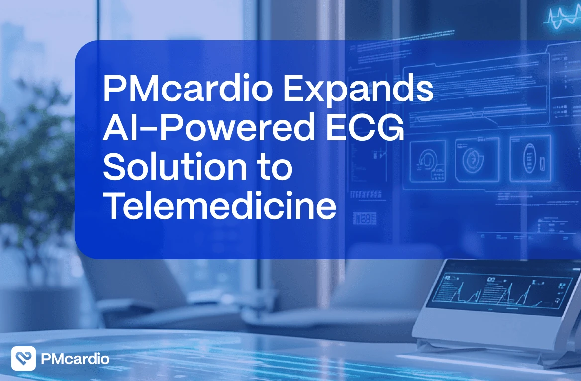 PMcardio blog cover on expanding AI-powered ECG solution to telemedicine, with digital ECG telehealth workstation