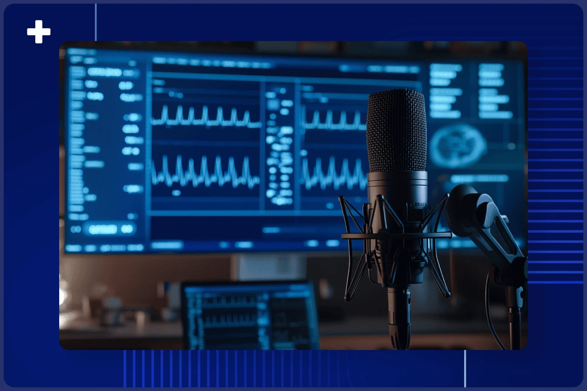 Podcast studio microphone before a monitor showing ECG waveforms, cover for This Week in Cardiology feature