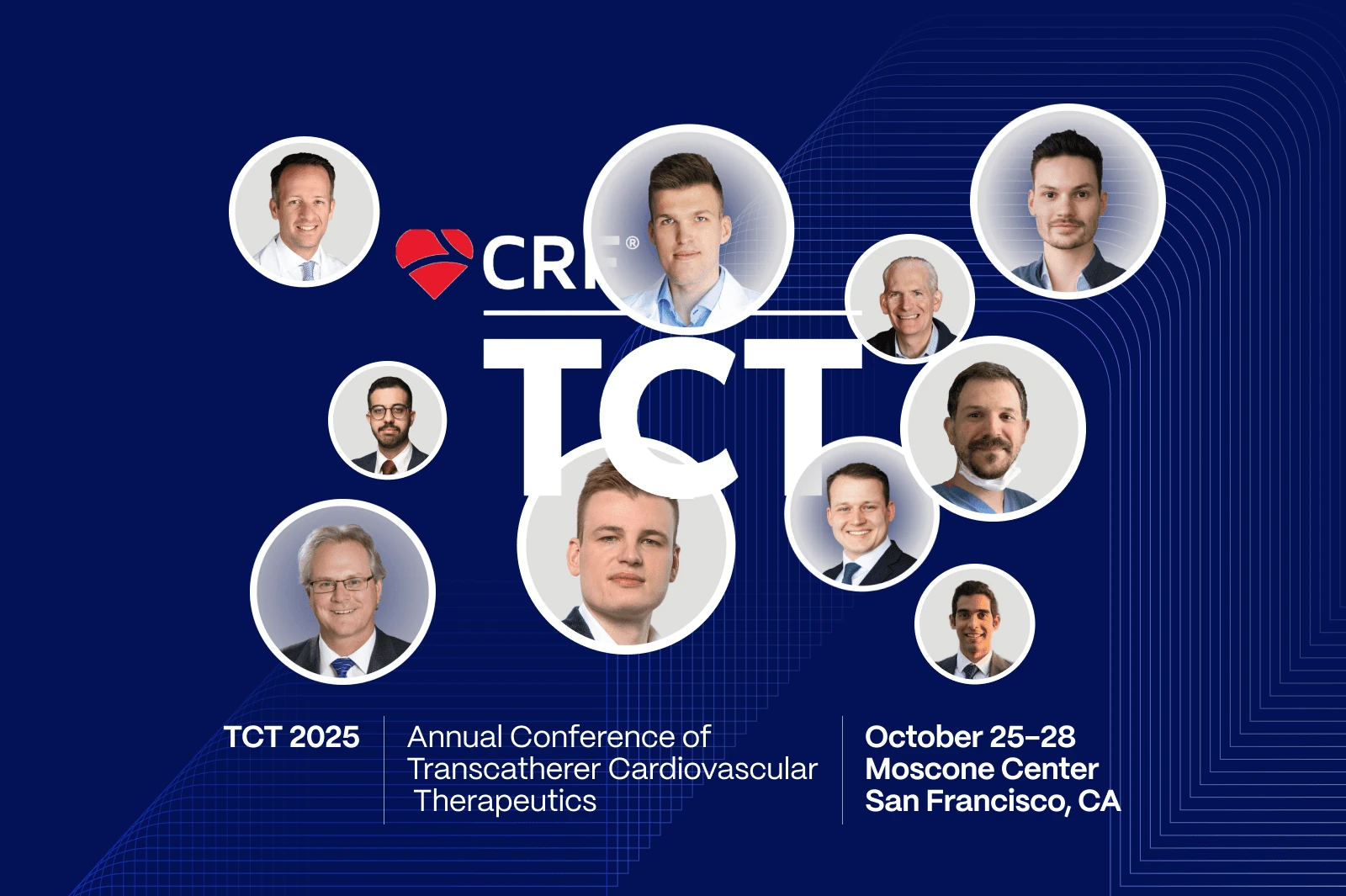 TCT 2025 banner with CRF logo and PMcardio presenter headshots, Moscone Center San Francisco October 25-28