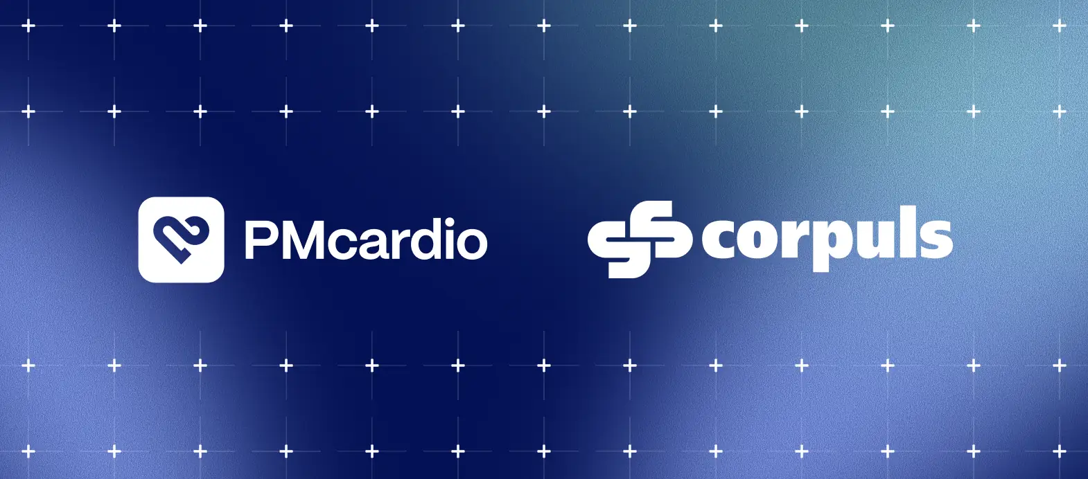 PMcardio and corpuls logos side by side on a dark blue gradient marking the two companies' strategic partnership