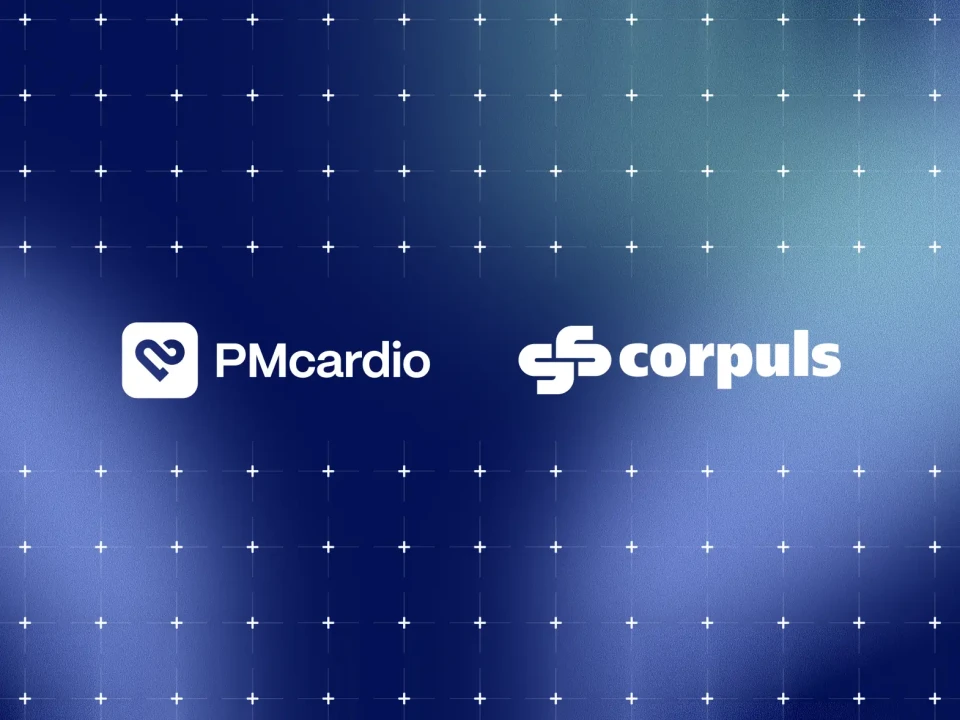 PMcardio and corpuls logos side by side on a dark blue gradient marking the two companies' strategic partnership