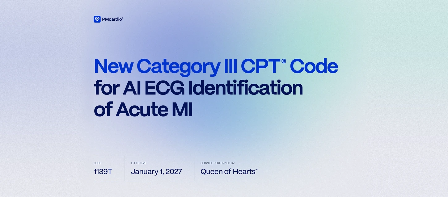 Press release graphic: new Category III CPT code 1139T for AI ECG identification of acute MI, effective January 1, 2027, the service performed by Queen of Hearts