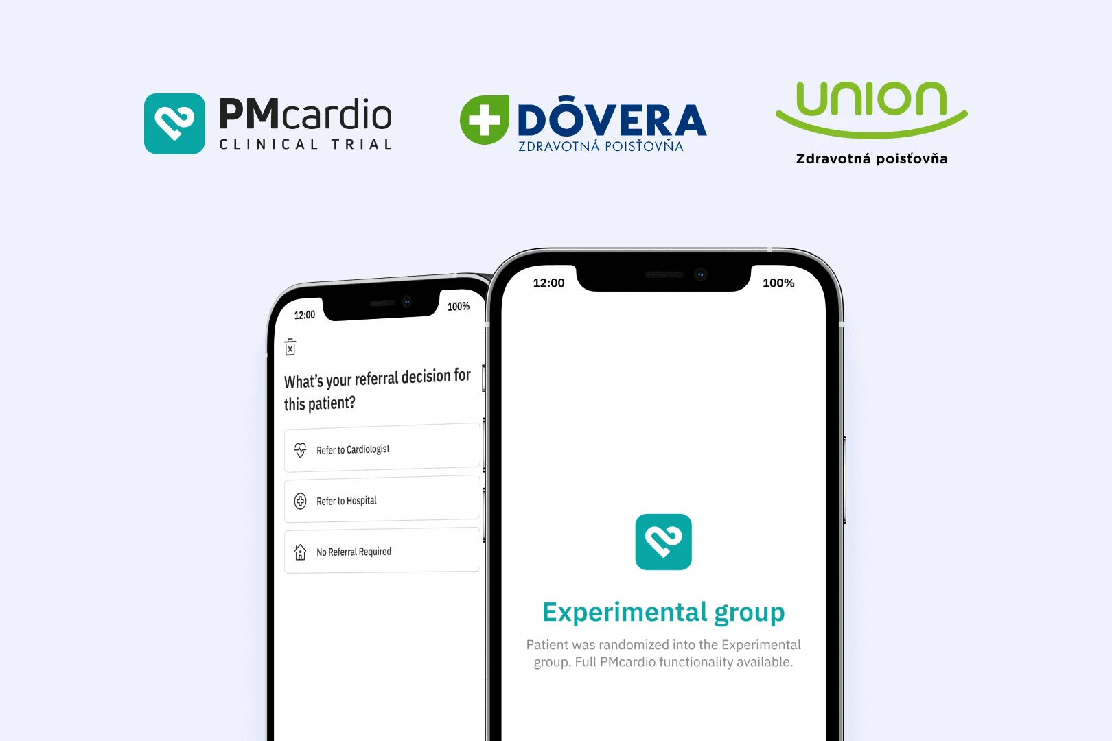 PMcardio-1 clinical trial with Dovera and Union insurer logos and app referral and experimental group screens