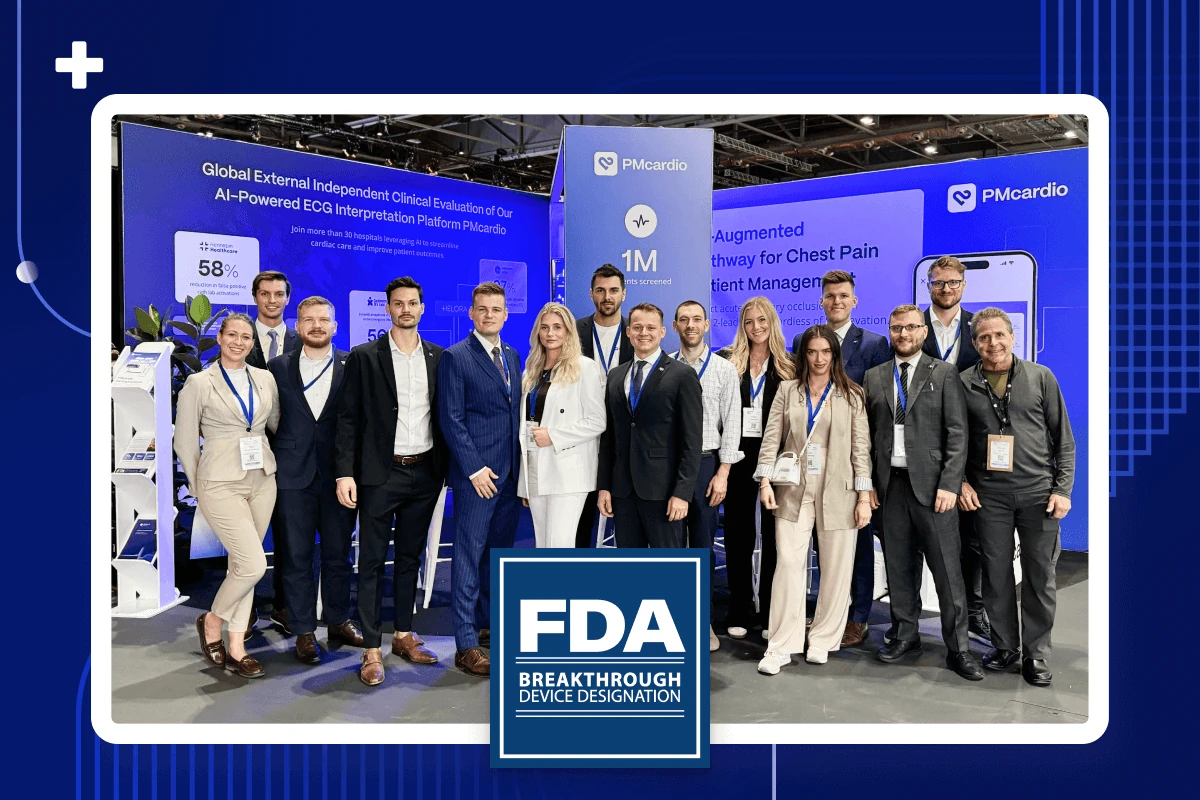 Powerful Medical team at PMcardio booth with FDA Breakthrough Device Designation badge
